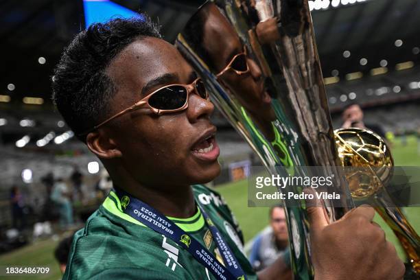 Endrick of Palmeiras celebrate with the trophy after winning during the match between Cruzeiro and Palmeiras as part of Brasileirao 2023 at Mineirao...