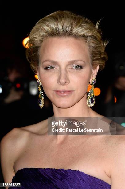 Princess Charlene of Monaco arrives at a Ralph Lauren Collection Show and private dinner at Les Beaux-Arts de Paris on October 8, 2013 in Paris,...