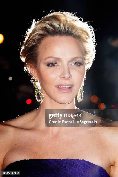 Princess Charlene of Monaco arrives at a Ralph Lauren Collection Show and private dinner at Les Beaux-Arts de Paris on October 8, 2013 in Paris,...