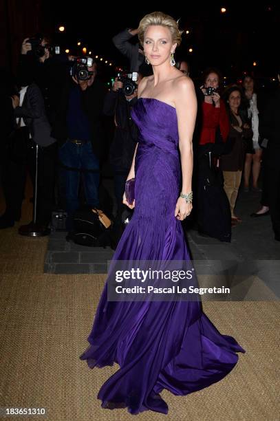 Princess Charlene of Monaco arrives at a Ralph Lauren Collection Show and private dinner at Les Beaux-Arts de Paris on October 8, 2013 in Paris,...