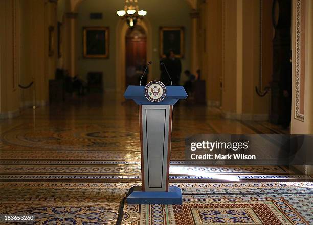 Podium stands where Senate Democrats and Republicans where scheduled to talk to the media after their policy luncheon meetings at the U.S. Capitol,...
