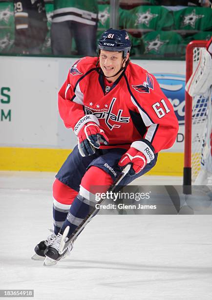 Steve Oleksy of the Washington Capitals skates against the Dallas Stars at the American Airlines Center on October 5, 2013 in Dallas, Texas.