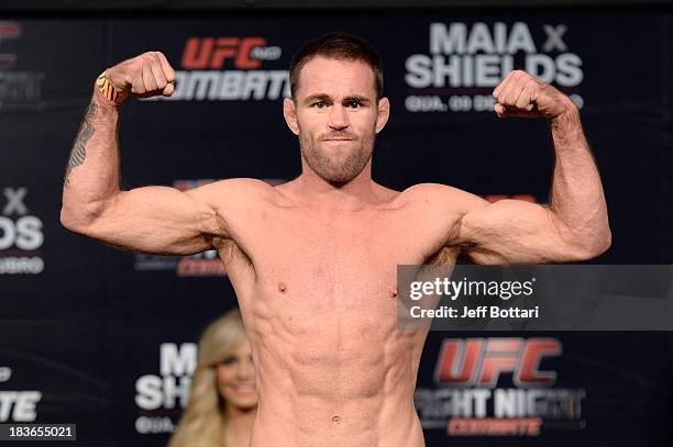 Jake Shields weighs-in during the UFC Fight Night: Maia v Shields weigh-in at the Ginasio Jose Correa on October 8, 2013 in Barueri, Sao Paulo,...