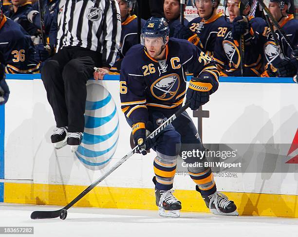 Thomas Vanek of the Buffalo Sabres skates against the Ottawa Senators on October 4, 2013 at the First Niagara Center in Buffalo, New York.