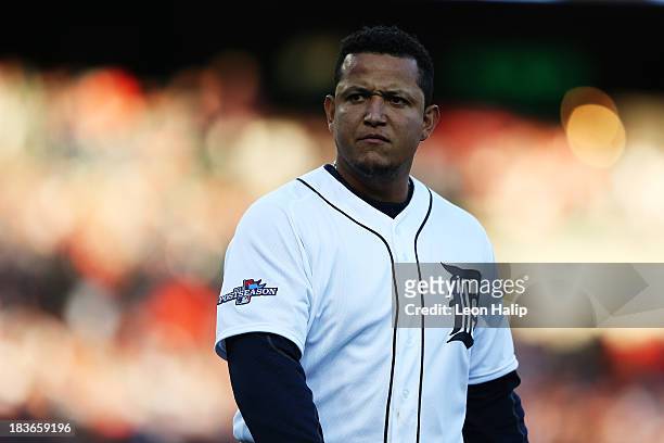 Miguel Cabrera of the Detroit Tigers reacts after flying out to end the fourth inning against the Oakland Athletics during Game Four of the American...