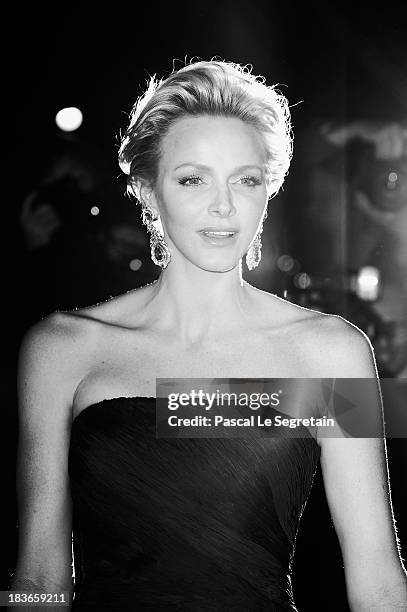 Princess Charlene of Monaco arrives at a Ralph Lauren Collection Show and private dinner at Les Beaux-Arts de Paris on October 8, 2013 in Paris,...