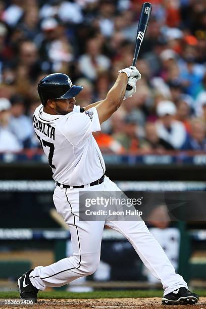 Jhonny Peralta of the Detroit Tigers hits a three run home run in the fifth inning against the Oakland Athletics during Game Four of the American...