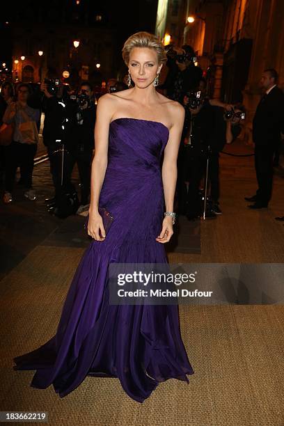 Princess Charlene of Monaco arrives at a Ralph Lauren Collection Show and private dinner at Les Beaux-Arts de Paris on October 9, 2013 in Paris,...