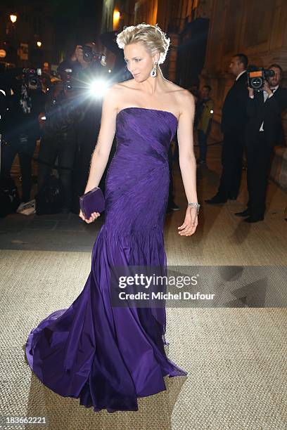 Princess Charlene of Monaco arrives at a Ralph Lauren Collection Show and private dinner at Les Beaux-Arts de Paris on October 9, 2013 in Paris,...