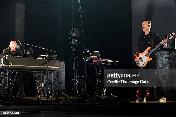 Peter Gabriel and Tony Levin perform during the 'So' Back To Front tour at the Arena on October 8, 2013 in Geneva, Switzerland.