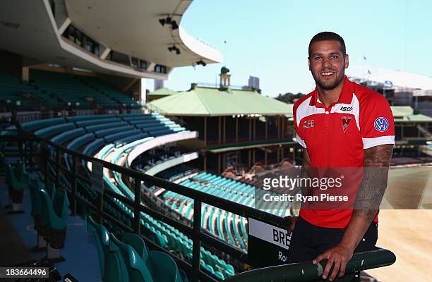 Lance 'Buddy' Franklin poses after speaking to the media during a Sydney Swans AFL press conference at Sydney Cricket Ground on October 9, 2013 in...