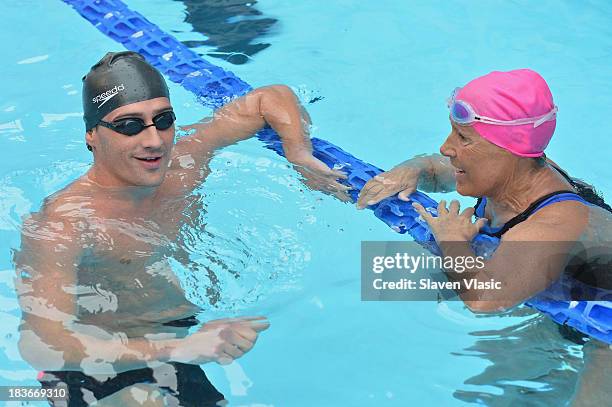 Long-distance swim legend Diana Nyad and Olympic Gold Medalist Ryan Lochte attend day 1 of "Swim For Relief" Benefiting Hurricane Sandy Recovery at...