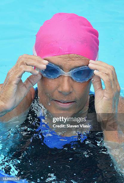 Long-distance swim legend Diana Nyad, having recently completed her record-braking swim from Cuba to Florida, swims at day 1 of "Swim For Relief"...