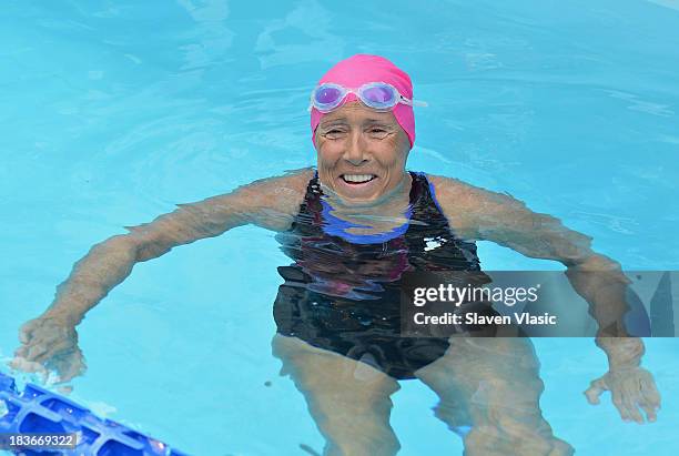 Long-distance swim legend Diana Nyad, having recently completed her record-braking swim from Cuba to Florida, swims at day 1 of "Swim For Relief"...