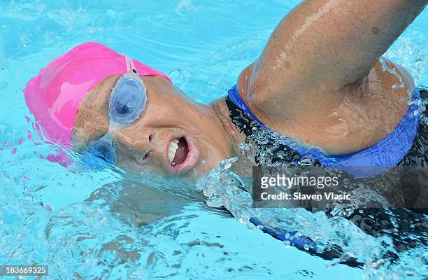 Long-distance swim legend Diana Nyad, having recently completed her record-braking swim from Cuba to Florida, swims at day 1 of "Swim For Relief"...
