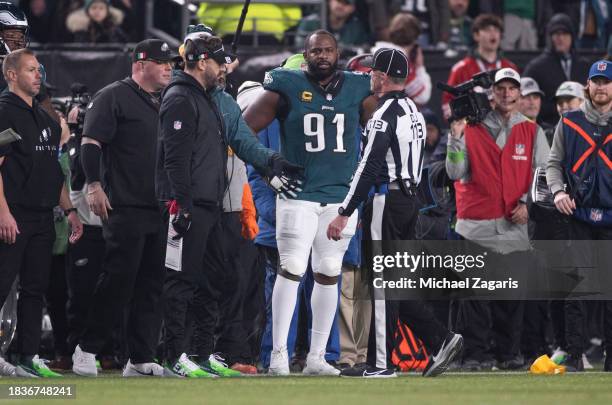 Head Coach Nick Sirianni and Fletcher Cox of the Philadelphia Eagles on the sideline during the game against the San Francisco 49ers at Lincoln...