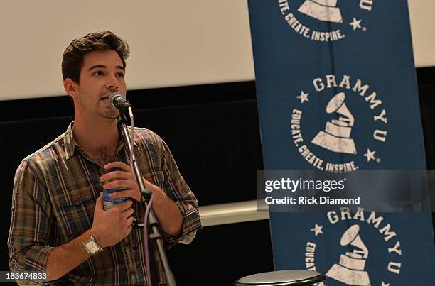 Madison Lee of GRAMMY U addresses the students during GRAMMY U Fall Kick-Off with Kip Moore and Brett James at MTSU on October 8, 2013 in...