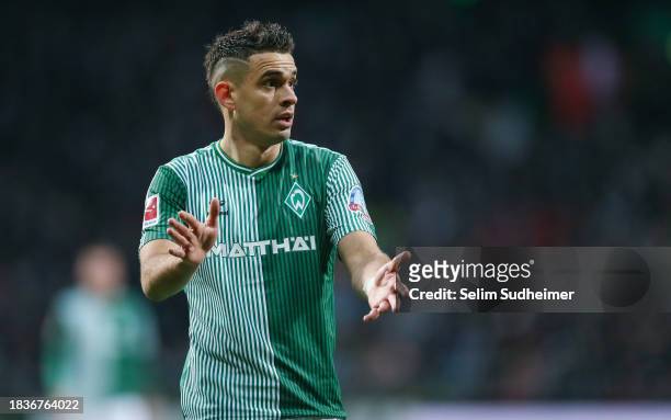 Rafael Borre reacts during the Bundesliga match between SV Werder Bremen and FC Augsburg at Wohninvest Weserstadion on December 9, 2023 in Bremen,...