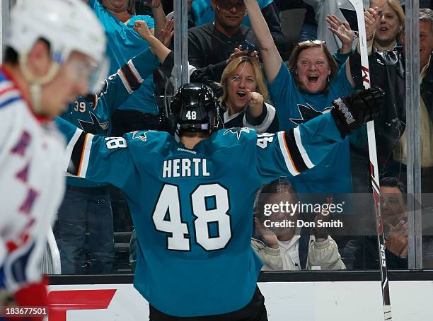 Tomas Hertl of the San Jose Sharks celebrates a goal against the New York Rangers during an NHL game on October 8, 2013 at SAP Center in San Jose,...