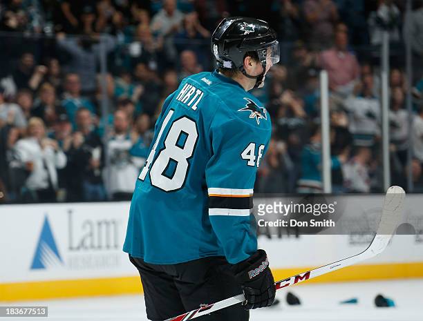 Tomas Hertl of the San Jose Sharks celebrates his hat trick against the New York Rangers during an NHL game on October 8, 2013 at SAP Center in San...