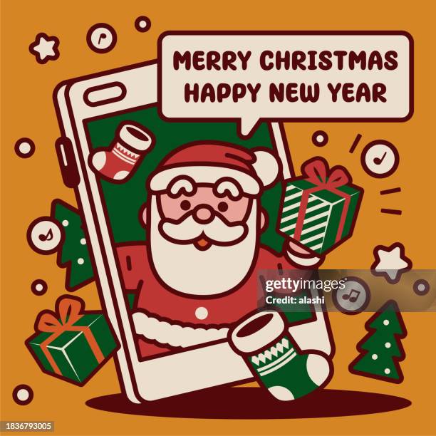 adorable santa claus popping out of a smartphone gives christmas presents and christmas stockings and wishes you a merry christmas and a happy new year - snow victoria australia stock illustrations