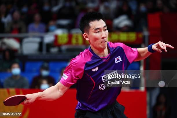 Lee Sang-su of South Korea competes against Wang Yang of Slovakia on day 4 of the ITTF Mixed Team World Cup Chengdu 2023 at Sichuan Gymnasium on...