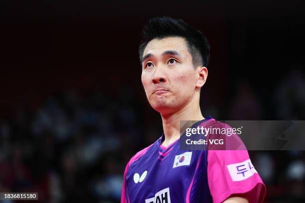 Lee Sang-su of South Korea reacts against Wang Yang of Slovakia on day 4 of the ITTF Mixed Team World Cup Chengdu 2023 at Sichuan Gymnasium on...