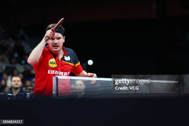 Ricardo Walther of Germany competes against Felix Lebrun of France on day 4 of the ITTF Mixed Team World Cup Chengdu 2023 at Sichuan Gymnasium on...