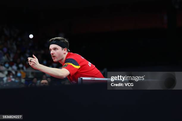 Ricardo Walther of Germany competes against Felix Lebrun of France on day 4 of the ITTF Mixed Team World Cup Chengdu 2023 at Sichuan Gymnasium on...