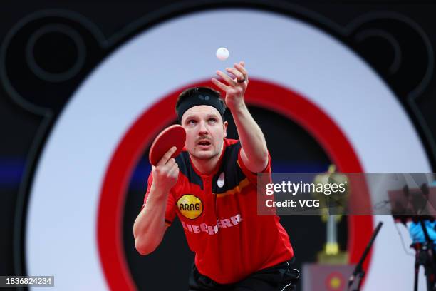 Ricardo Walther of Germany competes against Felix Lebrun of France on day 4 of the ITTF Mixed Team World Cup Chengdu 2023 at Sichuan Gymnasium on...