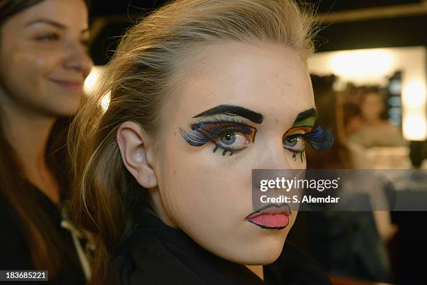 Model is seen backstage at the Maybelline New York By DB Berdan show during Mercedes-Benz Fashion Week Istanbul s/s 2014 presented by American...