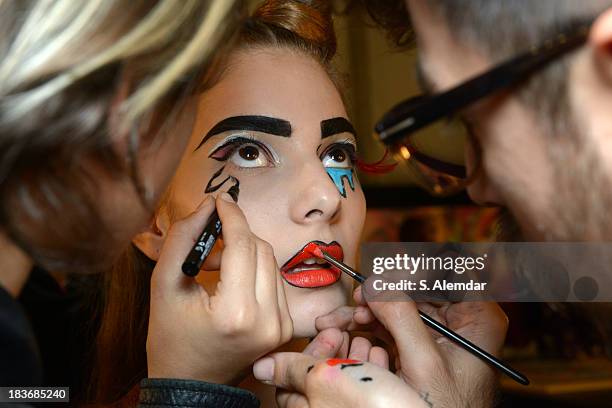 Model is seen backstage at the Maybelline New York By DB Berdan show during Mercedes-Benz Fashion Week Istanbul s/s 2014 presented by American...