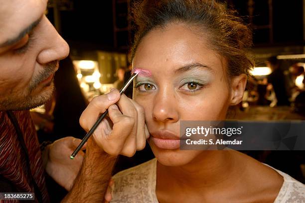 Model is seen backstage at the Maybelline New York By DB Berdan show during Mercedes-Benz Fashion Week Istanbul s/s 2014 presented by American...