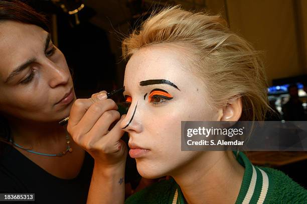 Model is seen backstage at the Maybelline New York By DB Berdan show during Mercedes-Benz Fashion Week Istanbul s/s 2014 presented by American...