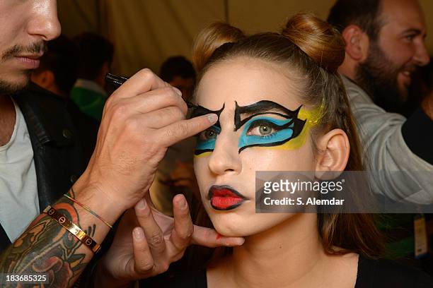 Model is seen backstage at the Maybelline New York By DB Berdan show during Mercedes-Benz Fashion Week Istanbul s/s 2014 presented by American...