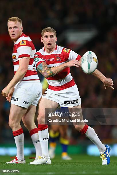 Sam Tomkins of Wigan Warriors during the Super League Grand Final between Warrington Wolves and Wigan Warriors at Old Trafford on October 5, 2013 in...