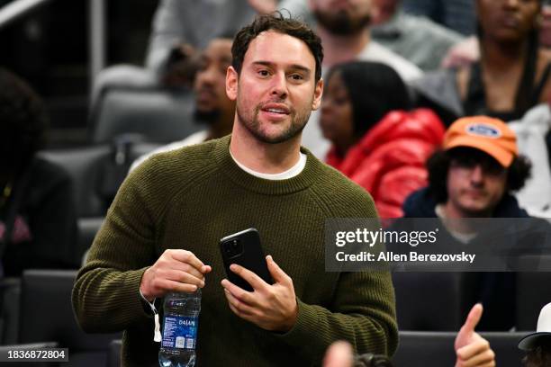 Scooter Braun attends a basketball game between the Los Angeles Clippers and the Denver Nuggets at Crypto.com Arena on December 06, 2023 in Los...