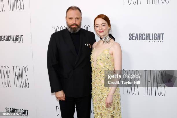Yorgos Lanthimos and Emma Stone attend the premiere of "Poor Things" at DGA Theater on December 06, 2023 in New York City.