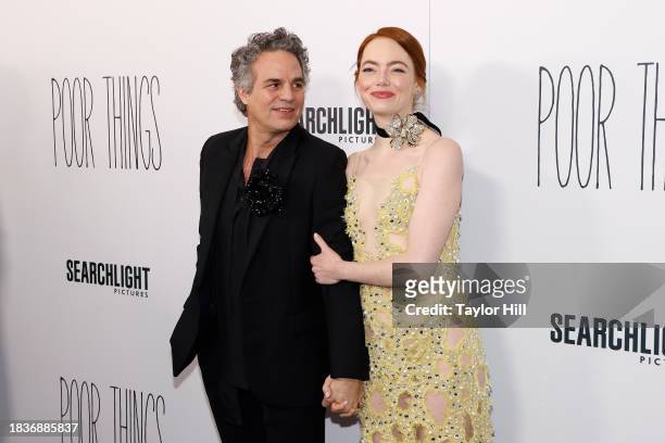 Mark Ruffalo and Emma Stone attend the premiere of "Poor Things" at DGA Theater on December 06, 2023 in New York City.