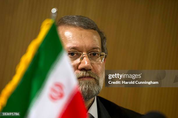 Iran's parliament speaker and former Tehran's top nuclear negotiator Ali Larijani speaks to members of the press aside of an International...