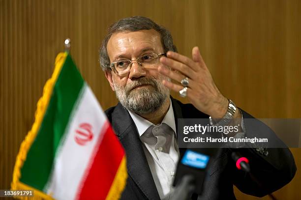 Iran's parliament speaker and former Tehran's top nuclear negotiator Ali Larijani speaks to members of the press aside of an International...