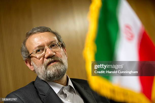 Iran's parliament speaker and former Tehran's top nuclear negotiator Ali Larijani speaks to members of the press aside of an International...
