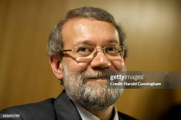 Iran's parliament speaker and former Tehran's top nuclear negotiator Ali Larijani speaks to members of the press aside of an International...