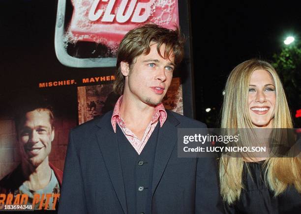 Actor Brad Pitt arrives at the premiere of his new film "Fight Club" with partner Jennifer Aniston in Los Angeles, CA 06 October 1999. The film also...