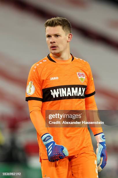 Alexander Nübel, keeper of Stuttgart looks on during the DFB cup round of 16 match between VfB Stuttgart and Borussia Dortmund at MHPArena on...