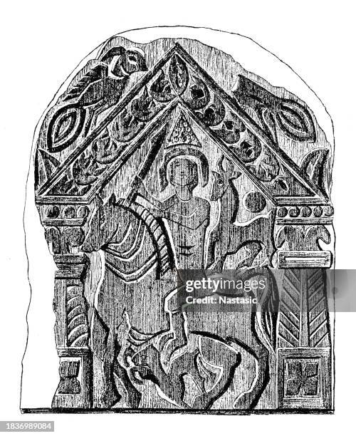 ilustrações de stock, clip art, desenhos animados e ícones de st. george. (after a representation from luxor. archéol mission. french exhibition in cairo, 1889, plate 86) - estátua de são jorge e o dragão