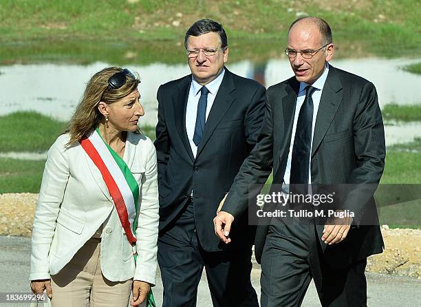 Giusi Nicolini, Mayor of Lampedusa, Manuel Barroso, President of the European Commission, and Enrico Letta, Italian Prime Minister arrive at Town...