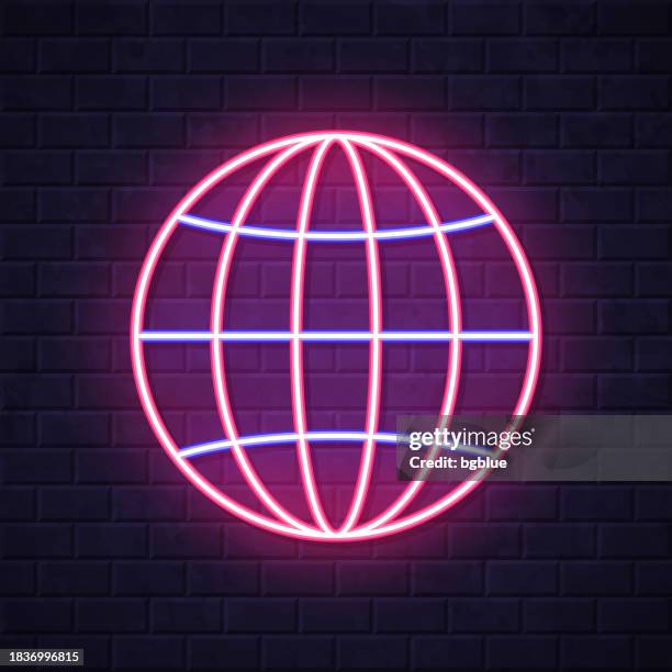 globe. glowing neon icon on brick wall background - equator line stock illustrations