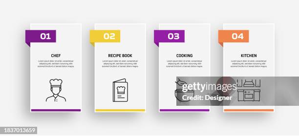 cooking related process infographic template. process timeline chart. workflow layout with linear icons - data tables stock illustrations