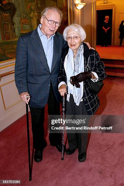 Actors Jean Piat and Gisele Casadesus attend the Prix du Brigadier du Theatre award ceremony at Comedie des Champs Elysees Theater on October 9, 2013...